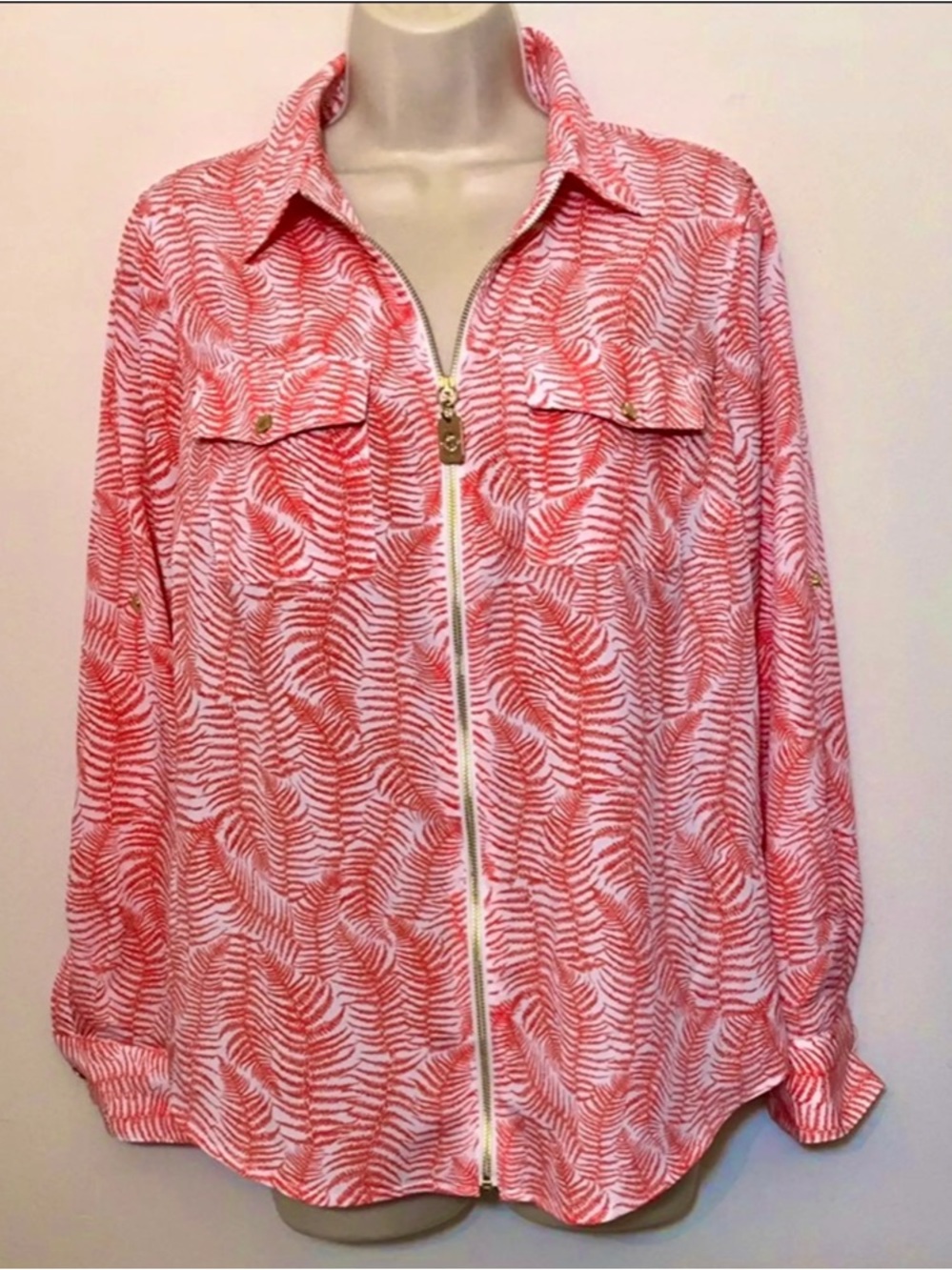 Michael Kors Coral & White Printed Zip-Front Blouse